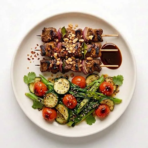 Indonesian beef satay with seared sesame vegetable